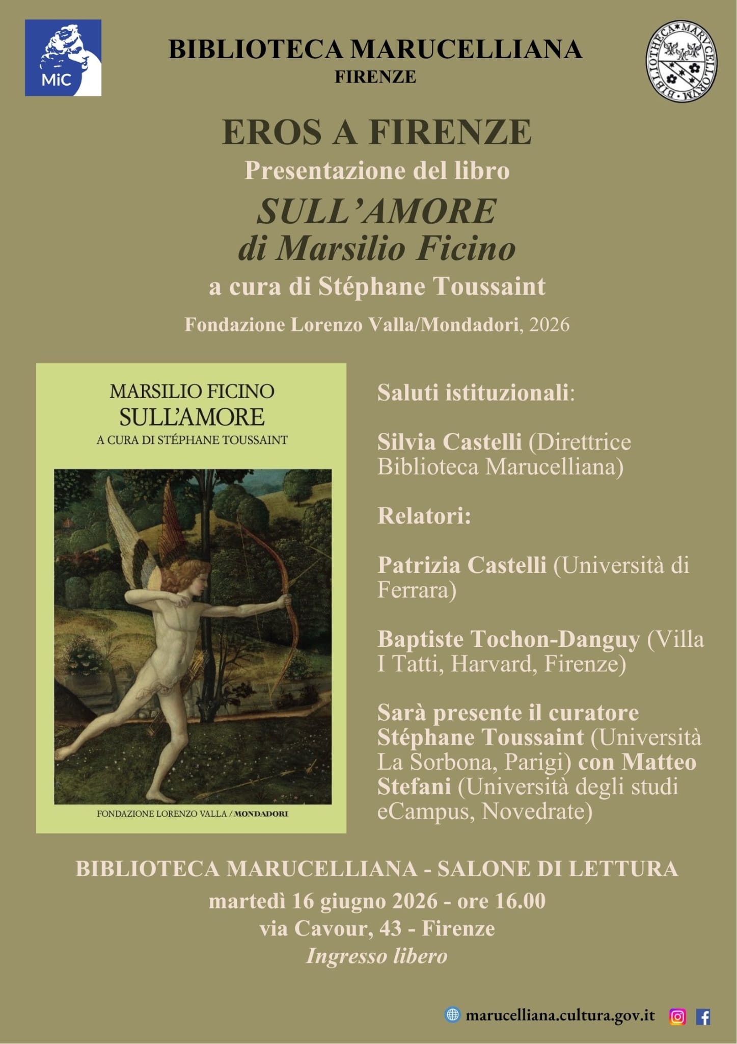 EROS A FIRENZE. Presentazione del libro SULL'AMORE di Marsilio Ficino, a cura di Stéphane Toussaint